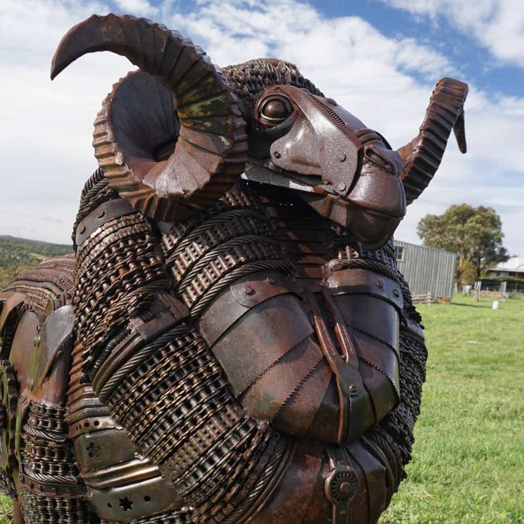 3 pics Merino Ram sculpture by Matt Sloane in Tasmania, Australia