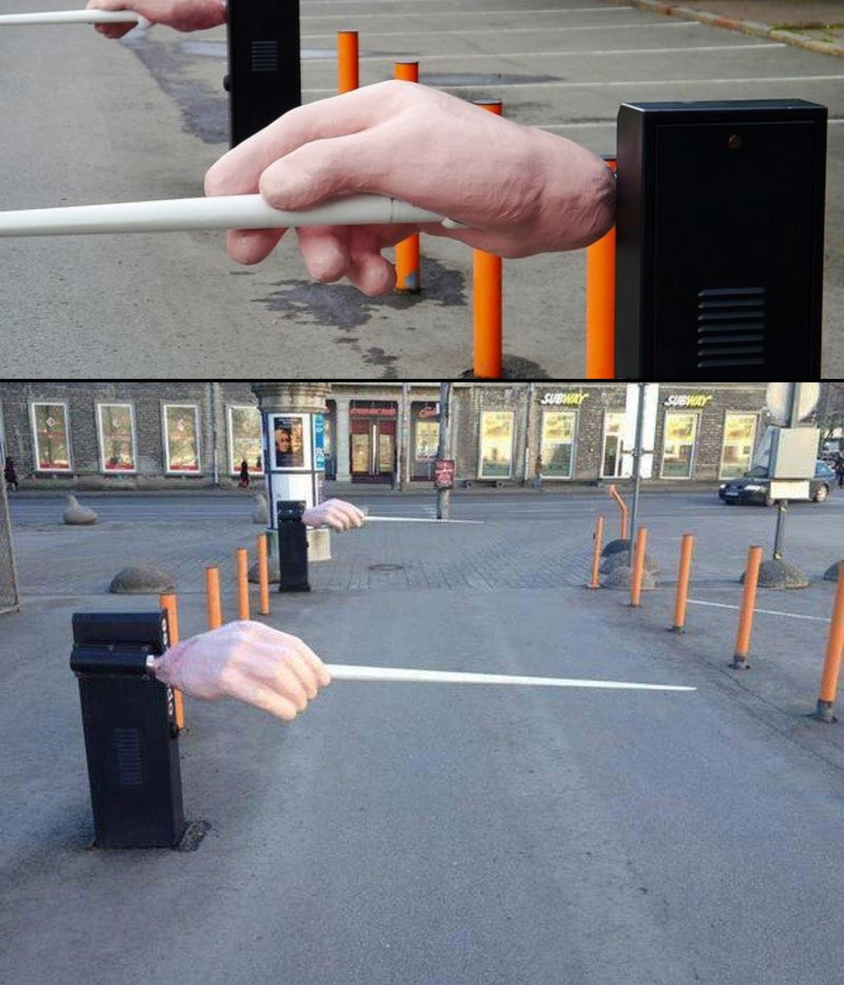 Entrance gates to the Estonian National Opera are modified with realistic sculpted hands gripping the barrier poles like conductors’ batons, placed in a public parking area with orange dividers.