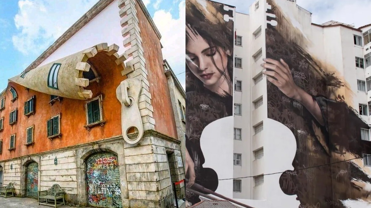 A building featuring an imaginative design that appears to have a large zipper and rolled-up wall section on the left, contrasted with a mural of a woman playing a violin on the right.