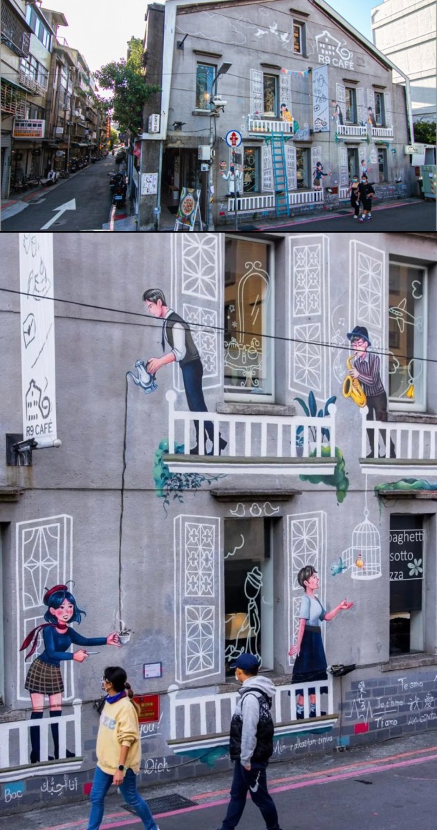 R9 Wall of Love by Ilyn Artwork at R9 Café in Taipei, Taiwan, with painted balconies, white window outlines, café characters, birds, drinks, music, and people walking past the gray facade.