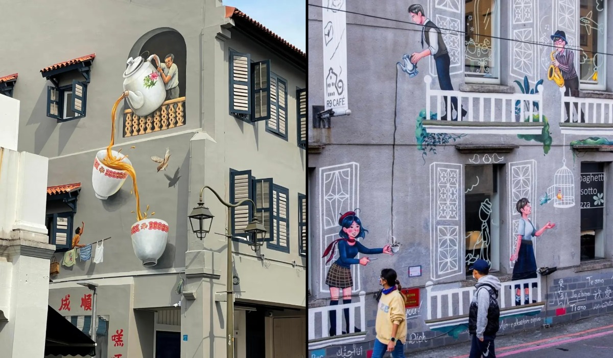 Split image of two storefront murals: Chinatown Market by Yip Yew Chong in Chinatown, Singapore, with a giant teapot pouring tea into floating cups, and R9 Wall of Love by Ilyn Artwork on the illustrated R9 Café facade in Taipei, Taiwan.